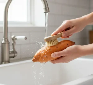 Washing, Scrubbing & Optional Peeling - how to bake sweet potatoes in the oven,oven baked sweet potato recipe