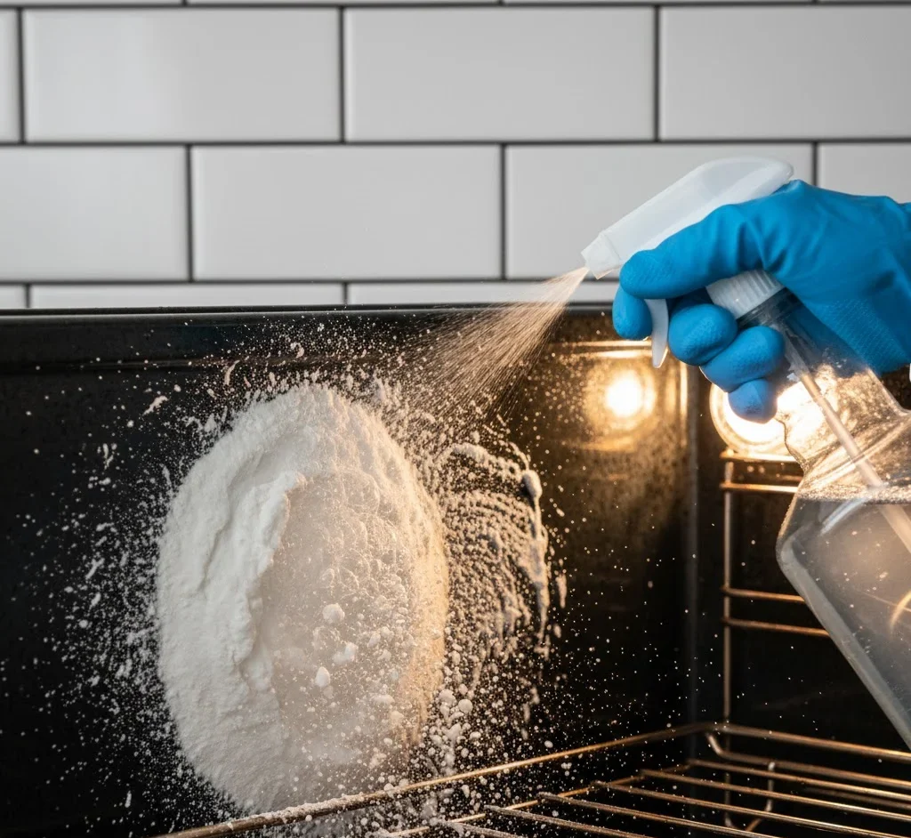 Spraying Vinegar - how to clean oven with baking soda and vinegar
